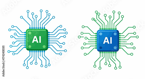 Two square AI chips with connected circuits one green and blue one blue and green on a white background