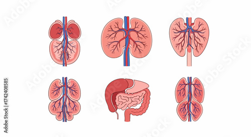 Anatomical icons showing vascular systems of human organs with red and blue vessels displayed on a white background