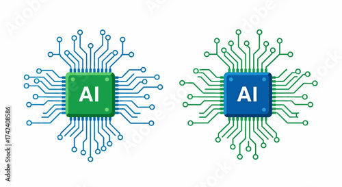 Two square AI chips with connected circuits one green and blue one blue and green on a white background