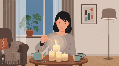 A young woman lights candles in her apartment in the evening, creating a cozy home atmosphere.
