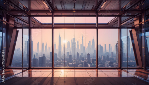 Futuristic office with glass partitions and panoramic view of hazy metropolis skyline
