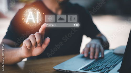 Businessman interacting with AI prompt interface, symbolizing generative artificial intelligence, prompt engineering, content creation by AI, machine learning tools, and digital automation future.