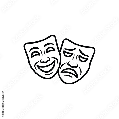 Classic comedy and tragedy theater masks in black and white outline