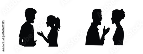 profile silhouette talking man woman face boy girl couple communication conversation isolated white background 