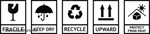 Set of Fragile package icons, keep upright dry and handle with care signs.Fragile, recycle, Handle with care, Essential Packaging Symbols, Set of multiple Safety signs and symbols,
