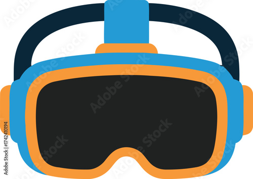 A flat design icon of a virtual reality headset with blue and orange accents, featuring a black screen and adjustable straps.