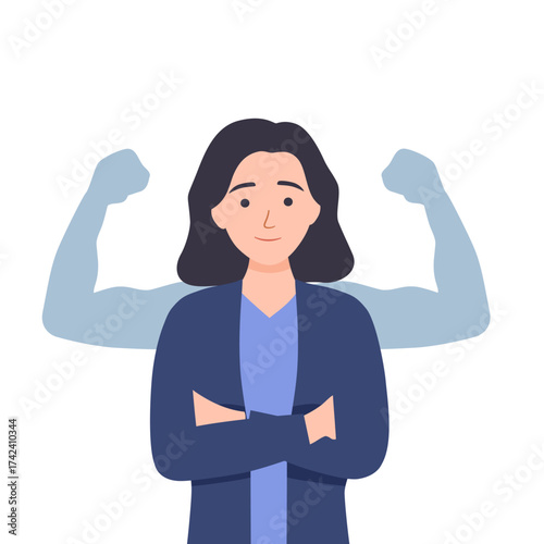 Strong woman concept. Confident, happy female character with shadow showing off her biceps. Metaphor for feminism and independence. Cartoon flat vector illustration isolated on beige background