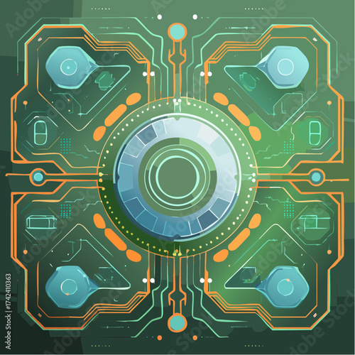 Futuristic circuit board, viewed from a high angle, vector illustration