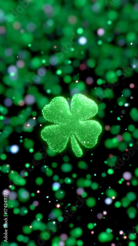 A vibrant four-leaf clover glows at the center, surrounded by sparkling green and multicolored bokeh lights. The image conveys luck and festive celebration.