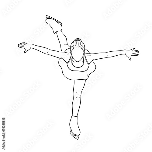 Figure skater performing a spin with arms extended on ice  