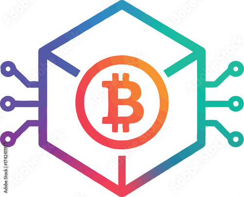 A stylized hexagonal icon representing Bitcoin, with circuit board elements and a gradient color scheme, symbolizing digital currency and blockchain technology.
