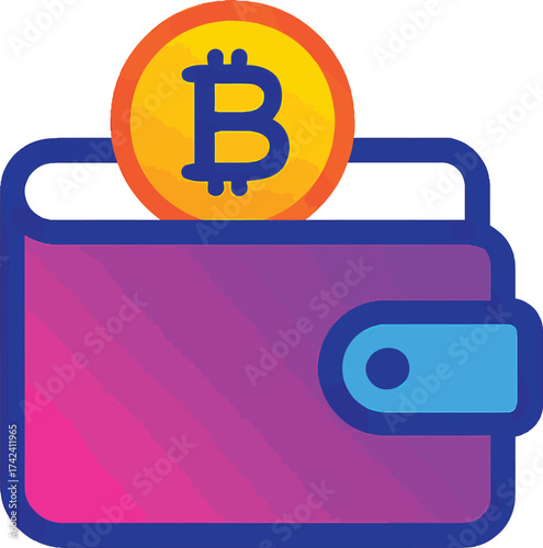 A stylized icon of a purple wallet with a Bitcoin symbol on a golden coin, representing digital currency storage.