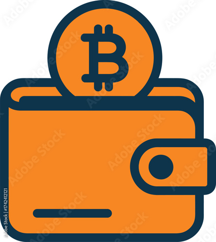 An orange wallet icon with a blue outline, featuring a Bitcoin symbol on top. Represents digital currency storage.