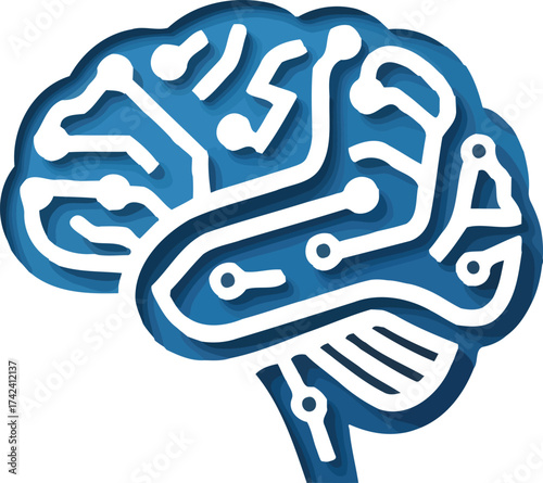 A stylized blue brain silhouette filled with white lines resembling electronic circuits and neural pathways, representing artificial intelligence.