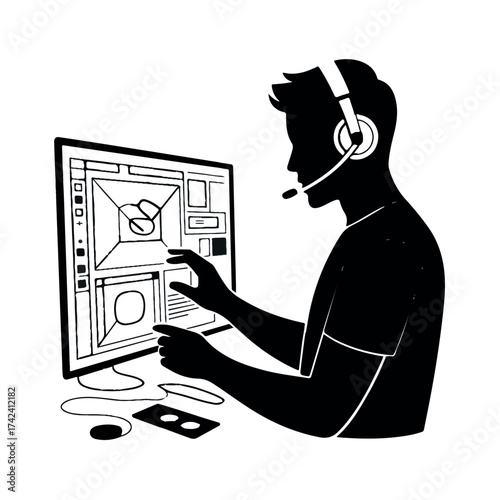 A man with a headset is working on a computer, isolated on white background he is designing a website or application interface, or providing support