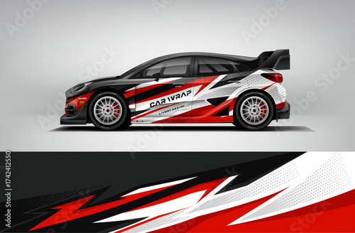 Vector car wrap livery design in red black and white editable EPS modern racing stripe layout for vehicle wrapping