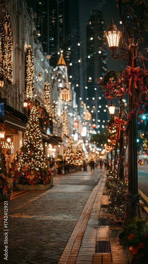 Fototapeta premium Night street scene in front of Pavilion Kuala Lumpur and Bukit Bintang with glowing Christmas trees, red ribbons, garlands, golden lights, vintage lamp post, festive romantic magical atmosphere