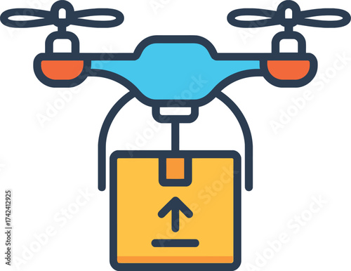 A stylized icon depicting a blue drone carrying a brown package with an upward arrow, symbolizing delivery services.