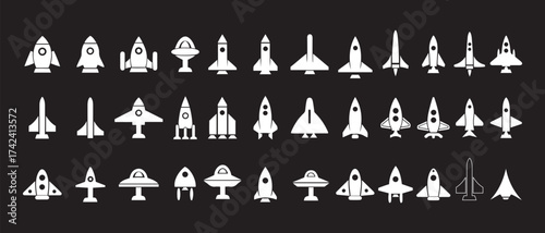 Mega Set of Space Rocket and UFO Spaceship Silhouettes Vector Icons