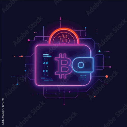 A vibrant neon illustration of a digital Bitcoin wallet, symbolizing cryptocurrency security and online financial transactions.