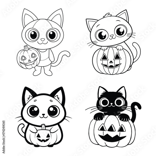 Four adorable black and white cartoon kittens with big eyes holding or sitting in carved halloween pumpkins ready for spooky season fun