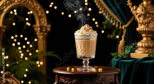 A steaming mug of hot chocolate or spiced cider, with a pear, cinnamon stick, and star anise, with soft candlelight in the background, evoking warmth and comfort.