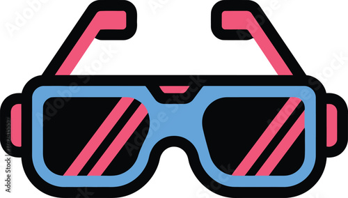 A flat design illustration of modern 3D glasses featuring a bright blue frame and striking pink accents on the arms and lenses.