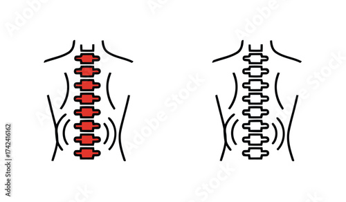 Human Spine Anatomy Depiction with Red and Black Line Art Showing Pain Points