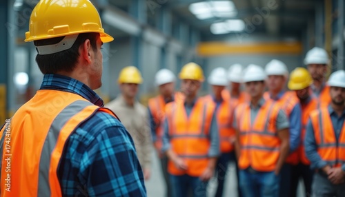 Construction workers listen to safety briefing in warehouse setting. Men in vests, helmets at workplace. Team receives instructions, training. Professional teamwork emphasizes safety regulations,