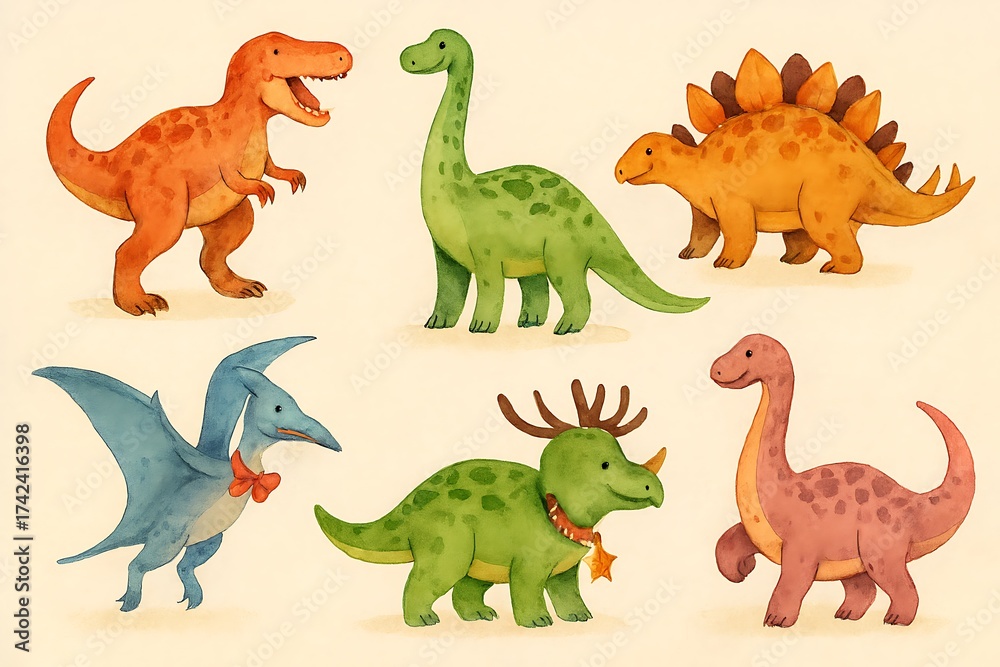 Obraz premium Watercolor illustration of six different dinosaurs including a T-Rex, Stegosaurus, and Triceratops.