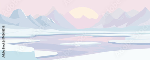 Melting glacier against a backdrop of beautiful mountains and sunset. Winter icy landscape with stunning mountains and nature. Stunning vector illustration of the Antarctic landscape.