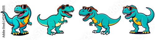 Dinosaur Cartoon Vector Set – Adorable T-Rex Characters Wearing Sunglasses for Kids Clipart, Nursery Prints, and Educational Design