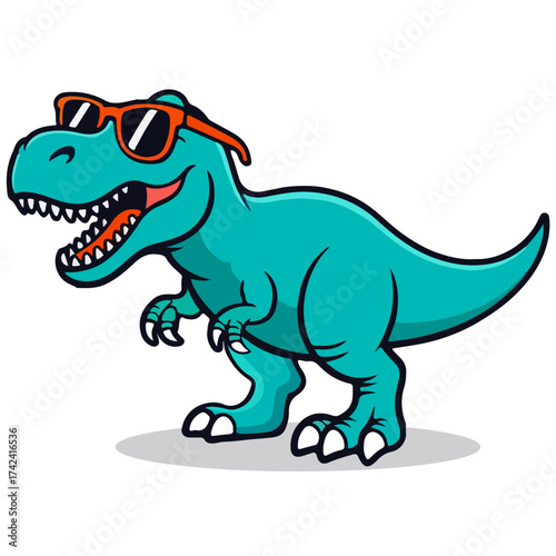Cute T-Rex Dinosaur Cartoon Vector Illustration – Funny Baby Dino Wearing Sunglasses Clipart Isolated on White Background for Kids Design and Stickers