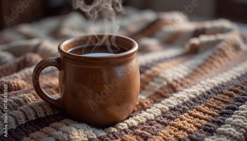 Handmade clay mug with steaming drink on multicolored knitted blanket in misty morning