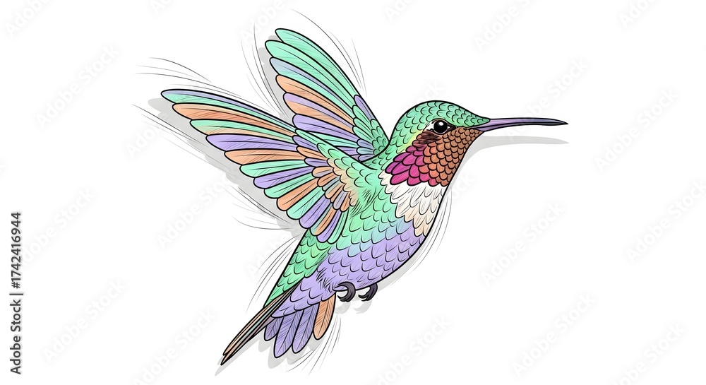 Obraz premium Delicate illustration of a colorful hummingbird in flight with pastel green, pink, and purple feathers, symbolizing joy, lightness, and freedom.