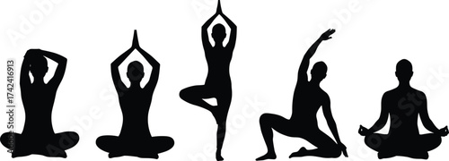 Yoga silhouette poses vector illustration, meditation and balance, black figures on white background, wellness exercise design, spiritual fitness, calm lifestyle concept