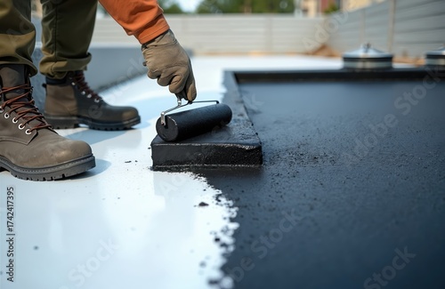 Worker applies black bitumen waterproofing coating using roller brush on rooftop construction site. Protective liquid resin sealant ensures building surface durability against water damage.