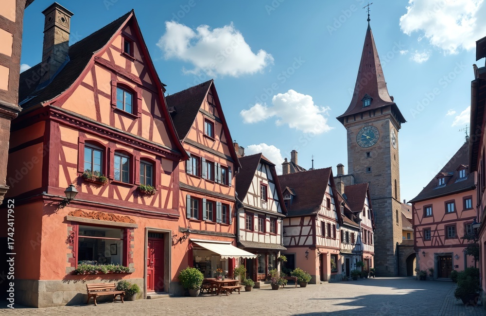 Fototapeta premium Timber framed houses line a cobblestone square. A tall clock tower with red roof dominates the picturesque German old town cityscape. Sunny day, blue sky, clouds.