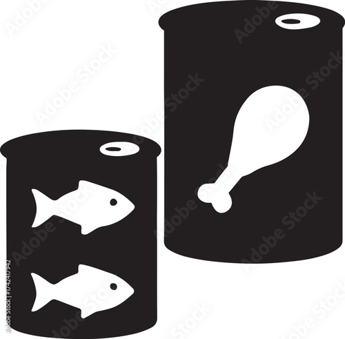 Canned pet food with fish and chicken icons.