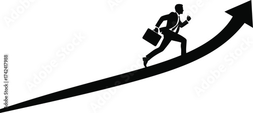 Silhouette of a businessman running up an arrow isolated on white background, symbolizing career growth