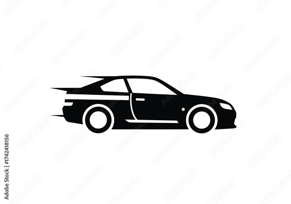 Naklejka premium A sleek, black sports car depicted in a minimalist side profile, conveying motion with stylized speed lines and a dynamic silhouette against a clean white background.
