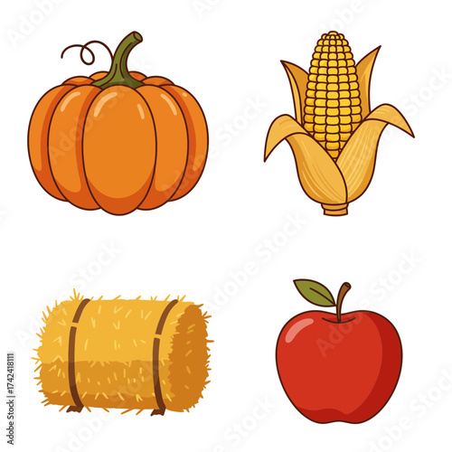 Pumpkin, corn, and harvest vegetables – thanksgiving autumn farming vector illustration
