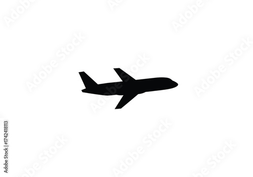A black silhouette of a modern passenger jet airplane in flight against a stark white background, showcasing its aerodynamic design and wings.