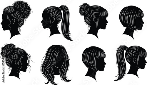 Collection of female hairstyle silhouettes, elegant woman haircuts, stylish hair bun, ponytail, bob, and wavy hair profile vector illustration, beauty design