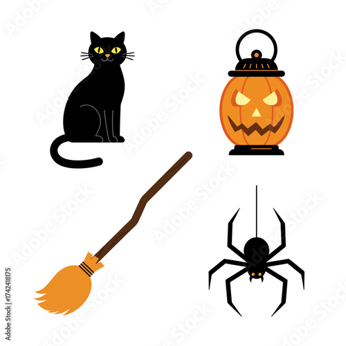 Black cat, pumpkin lantern, and spider – halloween night spooky symbol vector clipart