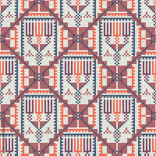 Mosaic tiles seamless pattern composition with traditional Palestinian motif. Editable vector background for print, background, web, wrapping.
