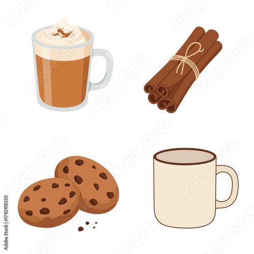 Mug of cappuccino with chocolate chip cookies and cinnamon sticks vector illustration isolated on white background