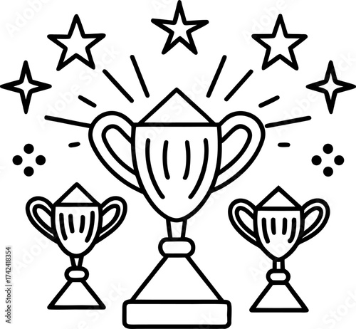 A black and white line-art illustration featuring three stylized trophies with stars on them, arranged in a triangular layout. The trophies are surrounded by sparkles and celebratory elements. One fig