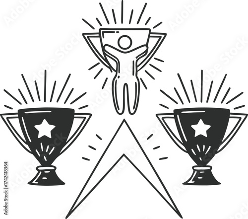 A black and white line-art illustration featuring three stylized trophies with stars on them, arranged in a triangular layout. The trophies are surrounded by sparkles and celebratory elements. One fig