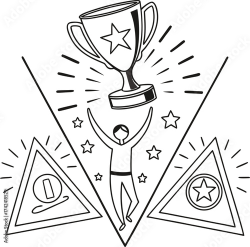 A black and white line-art illustration featuring three stylized trophies with stars on them, arranged in a triangular layout. The trophies are surrounded by sparkles and celebratory elements. One fig